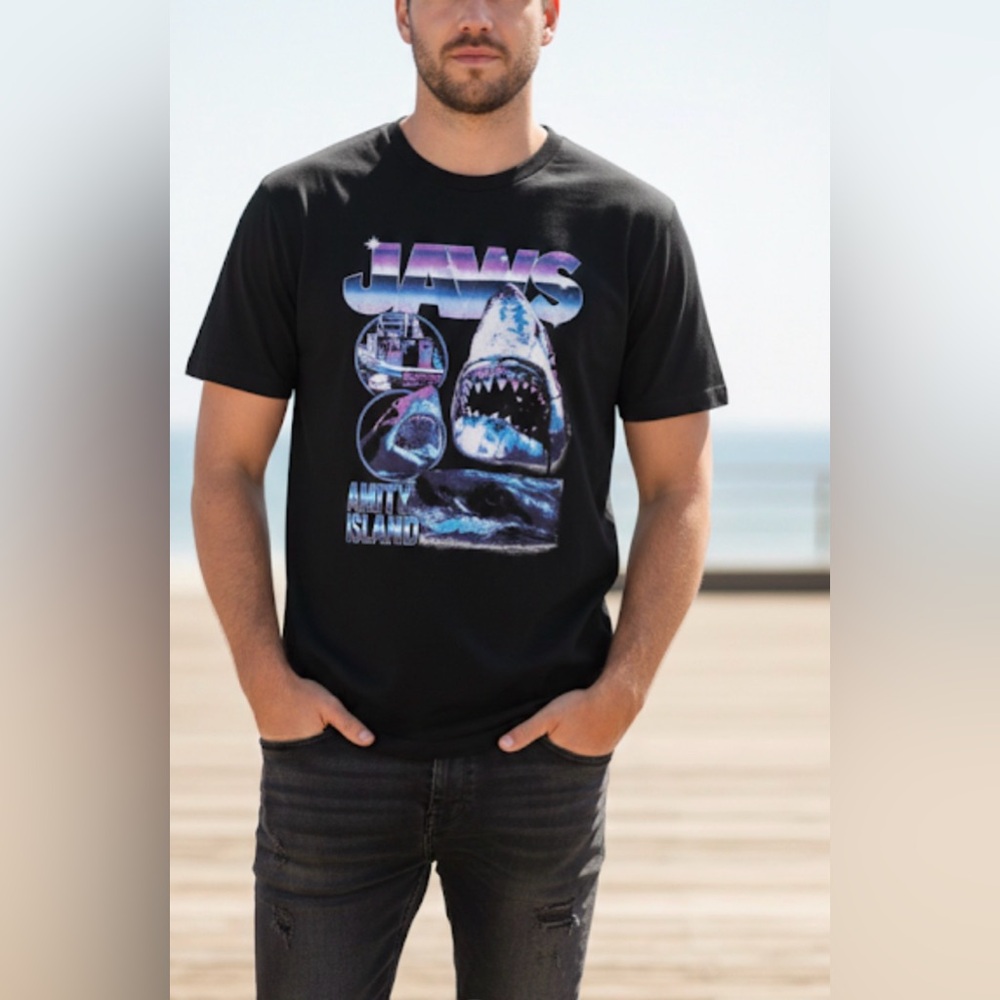 Black JAWS Graphic T-Shirt Mens Sz 2XL Beach Shark Goth Whymsigoth Casual Grunge